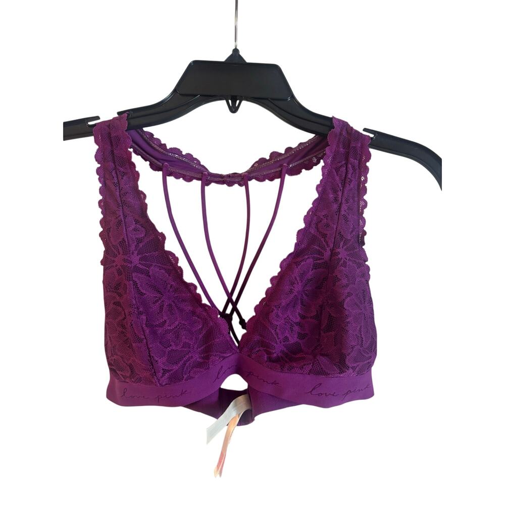 Victoria’s Secret Pink Lace Purple Bra Bralette Halter Style Floral Size Medium